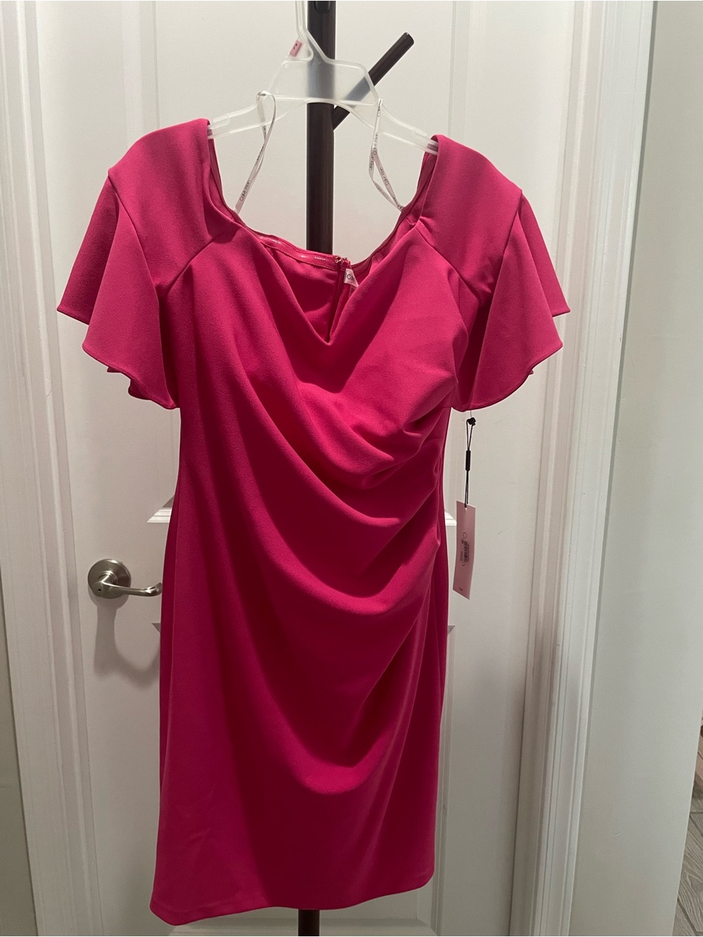 Calvin Klein Hot Pink Draped Midi Dress with Flutter Sleeves
